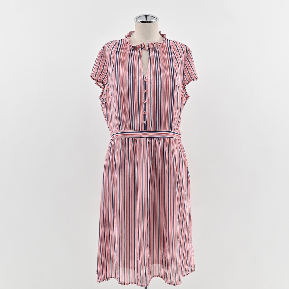 Modcloth Striped Button Front Midi Dress Size L Ruffle Nautical Retro Red‎ Blue